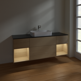 Тумба под раковину Villeroy & Boch Finion 160х50,1 см с подсветкой МДФ шпон дуба/стекло черное матовое F332PCPC