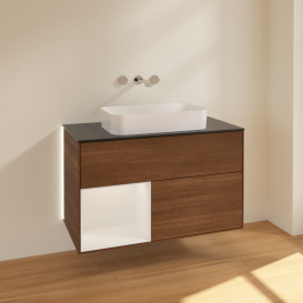 Тумба под раковину Villeroy & Boch Finion 100х50,1 см с подсветкой МДФ шпон грецкого ореха/стекло черное матовое G652GFGN