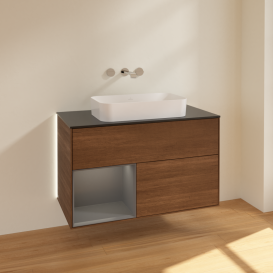 Тумба под раковину Villeroy & Boch Finion 100х50,1 см с подсветкой МДФ шпон грецкого ореха/стекло черное матовое G652GKGN