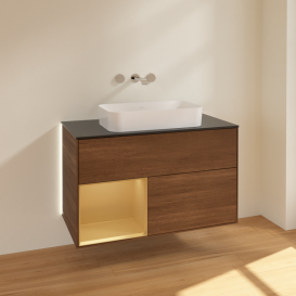 Тумба под раковину Villeroy & Boch Finion 100х50,1 см с подсветкой МДФ шпон грецкого ореха/стекло черное матовое G652HFGN