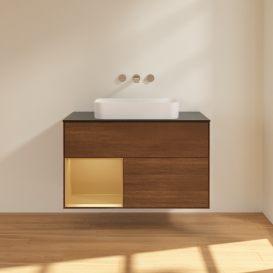 Тумба под раковину Villeroy & Boch Finion 100х50,1 см с подсветкой МДФ шпон грецкого ореха/стекло черное матовое G652HFGN