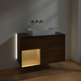 Тумба под раковину Villeroy & Boch Finion 100х50,1 см с подсветкой МДФ шпон грецкого ореха/стекло черное матовое G652HFGN