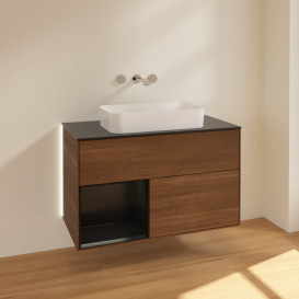 Тумба под раковину Villeroy & Boch Finion 100х50,1 см с подсветкой МДФ шпон грецкого ореха/стекло черное матовое G652PDGN