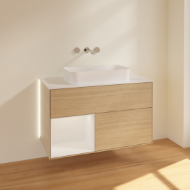 Тумба под раковину Villeroy & Boch Finion 100х50,1 см с подсветкой МДФ шпон дуба/стекло белое матовое G651GFPC