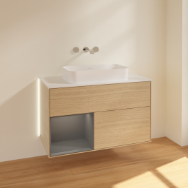 Тумба под раковину Villeroy & Boch Finion 100х50,1 см с подсветкой МДФ шпон дуба/стекло белое матовое G651GKPC