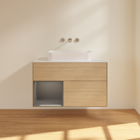 Тумба под раковину Villeroy & Boch Finion 100х50,1 см с подсветкой МДФ шпон дуба/стекло белое матовое G651GKPC