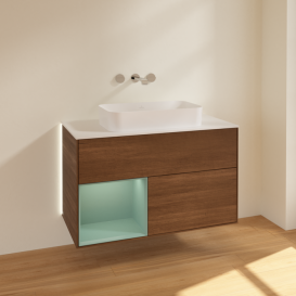 Тумба под раковину Villeroy & Boch Finion 100х50,1 см с подсветкой МДФ шпон грецкого ореха/стекло белое матовое G651GMGN