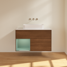 Тумба под раковину Villeroy & Boch Finion 100х50,1 см с подсветкой МДФ шпон грецкого ореха/стекло белое матовое G651GMGN