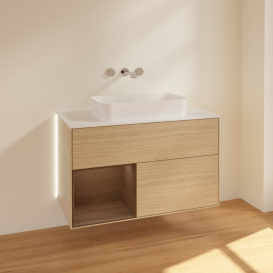 Тумба под раковину Villeroy & Boch Finion 100х50,1 см с подсветкой МДФ шпон дуба/стекло белое матовое G651GNPC