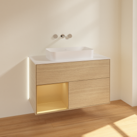 Тумба под раковину Villeroy & Boch Finion 100х50,1 см с подсветкой МДФ шпон дуба/стекло белое матовое G651HFPC