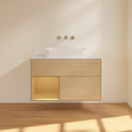 Тумба под раковину Villeroy & Boch Finion 100х50,1 см с подсветкой МДФ шпон дуба/стекло белое матовое G651HFPC