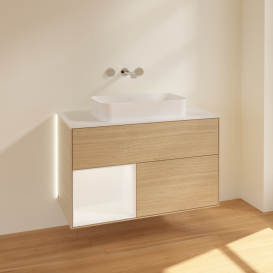 Тумба під раковину Villeroy & Boch Finion 100х50,1 см із підсвічуванням МДФ шпон дуба/скло біле матове G651MTPC