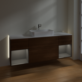 Тумба под раковину Villeroy & Boch Finion 160х50,1 см с подсветкой МДФ шпон грецкого ореха/стекло белое матовое G331GKGN