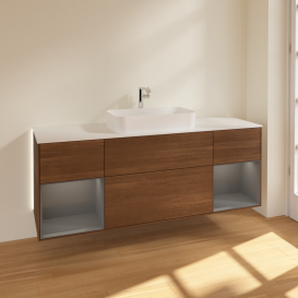 Тумба под раковину Villeroy & Boch Finion 160х50,1 см с подсветкой МДФ шпон грецкого ореха/стекло белое матовое G331GKGN