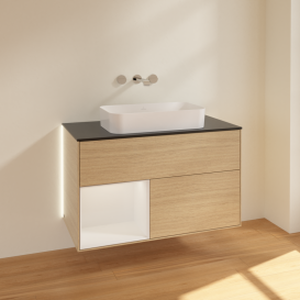 Тумба под раковину Villeroy & Boch Finion 100х50,1 см с подсветкой МДФ шпон дуба/стекло черное матовое G652GFPC