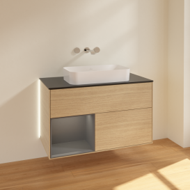 Тумба под раковину Villeroy & Boch Finion 100х50,1 см с подсветкой МДФ шпон дуба/стекло черное матовое G652GKPC