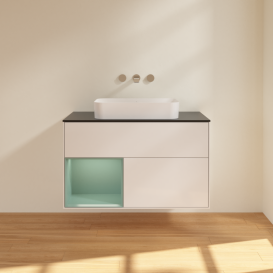 Тумба под раковину Villeroy & Boch Finion 100х50,1 см с подсветкой МДФ глянцевый белый лак/стекло черное матовое G652GMGF