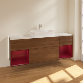 Тумба под раковину Villeroy & Boch Finion 160х50,1 см с подсветкой МДФ шпон грецкого ореха/стекло белое матовое G331HBGN