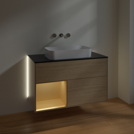 Тумба под раковину Villeroy & Boch Finion 100х50,1 см с подсветкой МДФ шпон дуба/стекло черное матовое G652HFPC