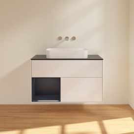 Тумба под раковину Villeroy & Boch Finion 100х50,1 см с подсветкой МДФ глянцевый белый лак/стекло черное матовое G652HGGF