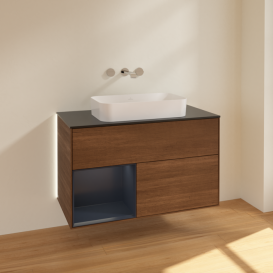 Тумба под раковину Villeroy & Boch Finion 100х50,1 см с подсветкой МДФ шпон грецкого ореха/стекло черное матовое G652HGGN