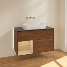 Тумба под раковину Villeroy & Boch Finion 100х50,1 см с подсветкой МДФ шпон грецкого ореха/стекло черное матовое G652PCGN