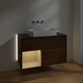 Тумба под раковину Villeroy & Boch Finion 100х50,1 см с подсветкой МДФ шпон грецкого ореха/стекло черное матовое G652PCGN