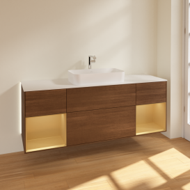 Тумба под раковину Villeroy & Boch Finion 160х50,1 см с подсветкой МДФ шпон грецкого ореха/стекло белое матовое G331HFGN