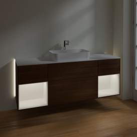 Тумба под раковину Villeroy & Boch Finion 160х50,1 см с подсветкой МДФ шпон грецкого ореха/стекло белое матовое G331MTGN