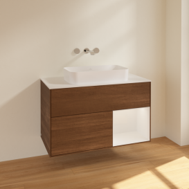 Тумба под раковину Villeroy & Boch Finion 100х50,1 см с подсветкой МДФ шпон грецкого ореха/стекло белое матовое F661GFGN