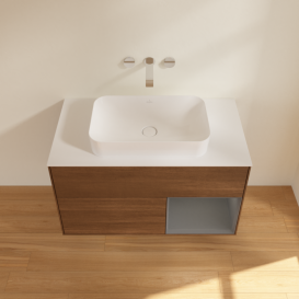 Тумба под раковину Villeroy & Boch Finion 100х50,1 см с подсветкой МДФ шпон грецкого ореха/стекло белое матовое F661GKGN