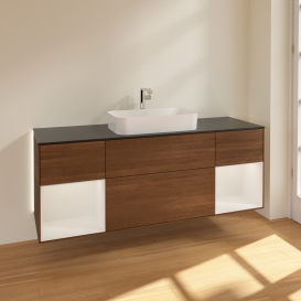 Тумба под раковину Villeroy & Boch Finion 160х50,1 см с подсветкой МДФ шпон грецкого ореха/стекло черное матовое G332GFGN