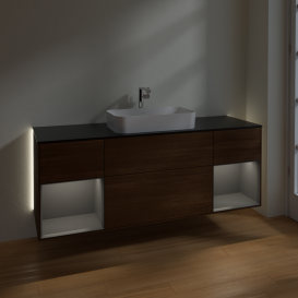 Тумба под раковину Villeroy & Boch Finion 160х50,1 см с подсветкой МДФ шпон грецкого ореха/стекло черное матовое G332GKGN