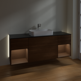 Тумба под раковину Villeroy & Boch Finion 160х50,1 см с подсветкой МДФ шпон грецкого ореха/стекло черное матовое G332GNGN