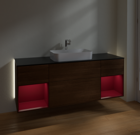 Тумба под раковину Villeroy & Boch Finion 160х50,1 см с подсветкой МДФ шпон грецкого ореха/стекло черное матовое G332HBGN