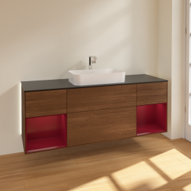 Тумба под раковину Villeroy & Boch Finion 160х50,1 см с подсветкой МДФ шпон грецкого ореха/стекло черное матовое G332HBGN