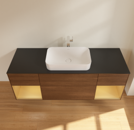 Тумба под раковину Villeroy & Boch Finion 160х50,1 см с подсветкой МДФ шпон грецкого ореха/стекло черное матовое G332HFGN