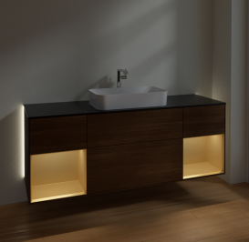 Тумба под раковину Villeroy & Boch Finion 160х50,1 см с подсветкой МДФ шпон грецкого ореха/стекло черное матовое G332HFGN