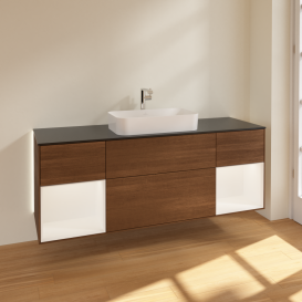 Тумба под раковину Villeroy & Boch Finion 160х50,1 см с подсветкой МДФ шпон грецкого ореха/стекло черное матовое G332MTGN