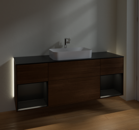 Тумба под раковину Villeroy & Boch Finion 160х50,1 см с подсветкой МДФ шпон грецкого ореха/стекло черное матовое G332PDGN