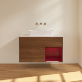 Тумба под раковину Villeroy & Boch Finion 100х50,1 см с подсветкой МДФ шпон грецкого ореха/стекло белое матовое F661HBGN