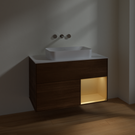 Тумба под раковину Villeroy & Boch Finion 100х50,1 см с подсветкой МДФ шпон грецкого ореха/стекло белое матовое F661HFGN