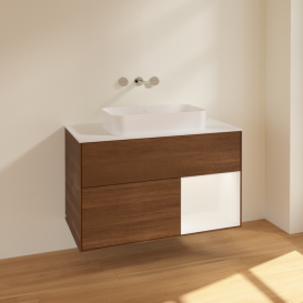 Тумба под раковину Villeroy & Boch Finion 100х50,1 см с подсветкой МДФ шпон грецкого ореха/стекло белое матовое F661MTGN