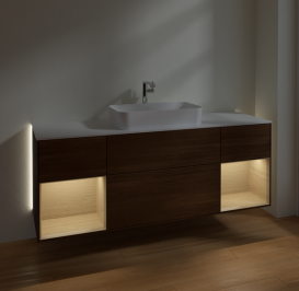 Тумба под раковину Villeroy & Boch Finion 160х50,1 см с подсветкой МДФ шпон грецкого ореха/стекло белое матовое G331PCGN