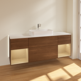 Тумба под раковину Villeroy & Boch Finion 160х50,1 см с подсветкой МДФ шпон грецкого ореха/стекло белое матовое G331PCGN