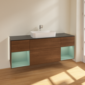 Тумба под раковину Villeroy & Boch Finion 160х50,1 см с подсветкой МДФ шпон грецкого ореха/стекло черное матовое G332GMGN