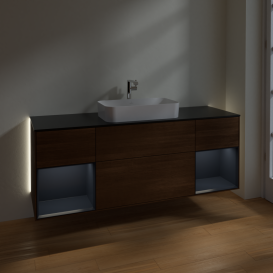 Тумба под раковину Villeroy & Boch Finion 160х50,1 см с подсветкой МДФ шпон грецкого ореха/стекло черное матовое G332HGGN