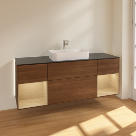 Тумба под раковину Villeroy & Boch Finion 160х50,1 см с подсветкой МДФ шпон грецкого ореха/стекло черное матовое G332PCGN