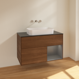 Тумба под раковину Villeroy & Boch Finion 100х50,1 см с подсветкой МДФ шпон грецкого ореха/стекло черное матовое F662GKGN