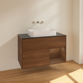 Тумба под раковину Villeroy & Boch Finion 100х50,1 см с подсветкой МДФ шпон грецкого ореха/стекло черное матовое F662GNGN